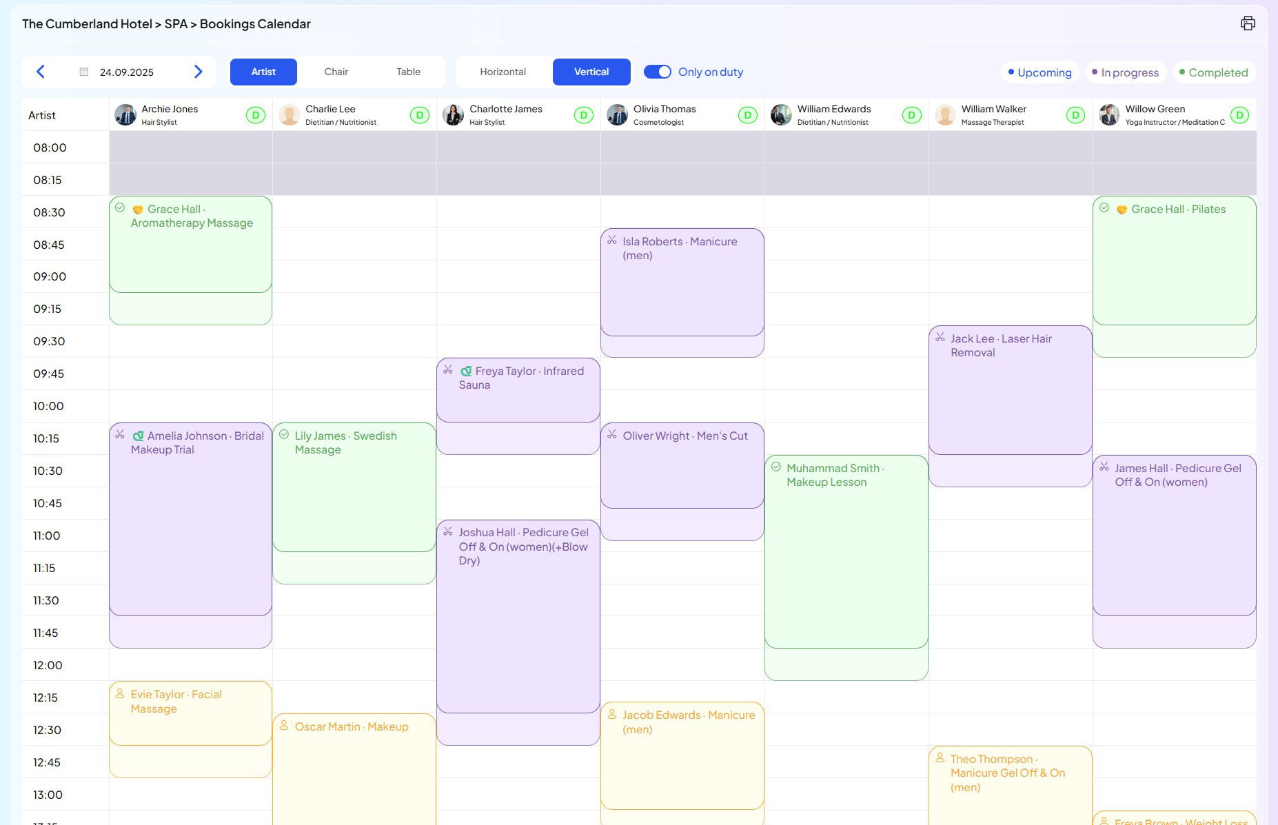 Calendar & Booking (per specialist or room)